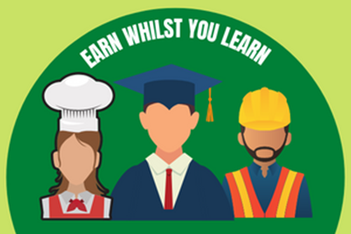 Illustration of a chef, a graduate and a construction worker with the words, earn whilst you learn