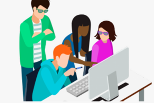Illustration of four people looking at a computer screen