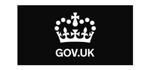 White gov.uk logo and a crown on black background.