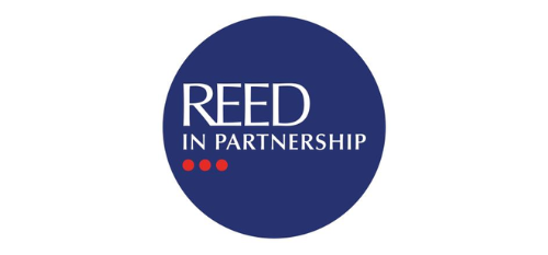 White REED in Partnership logo in a navy circle on a white background.