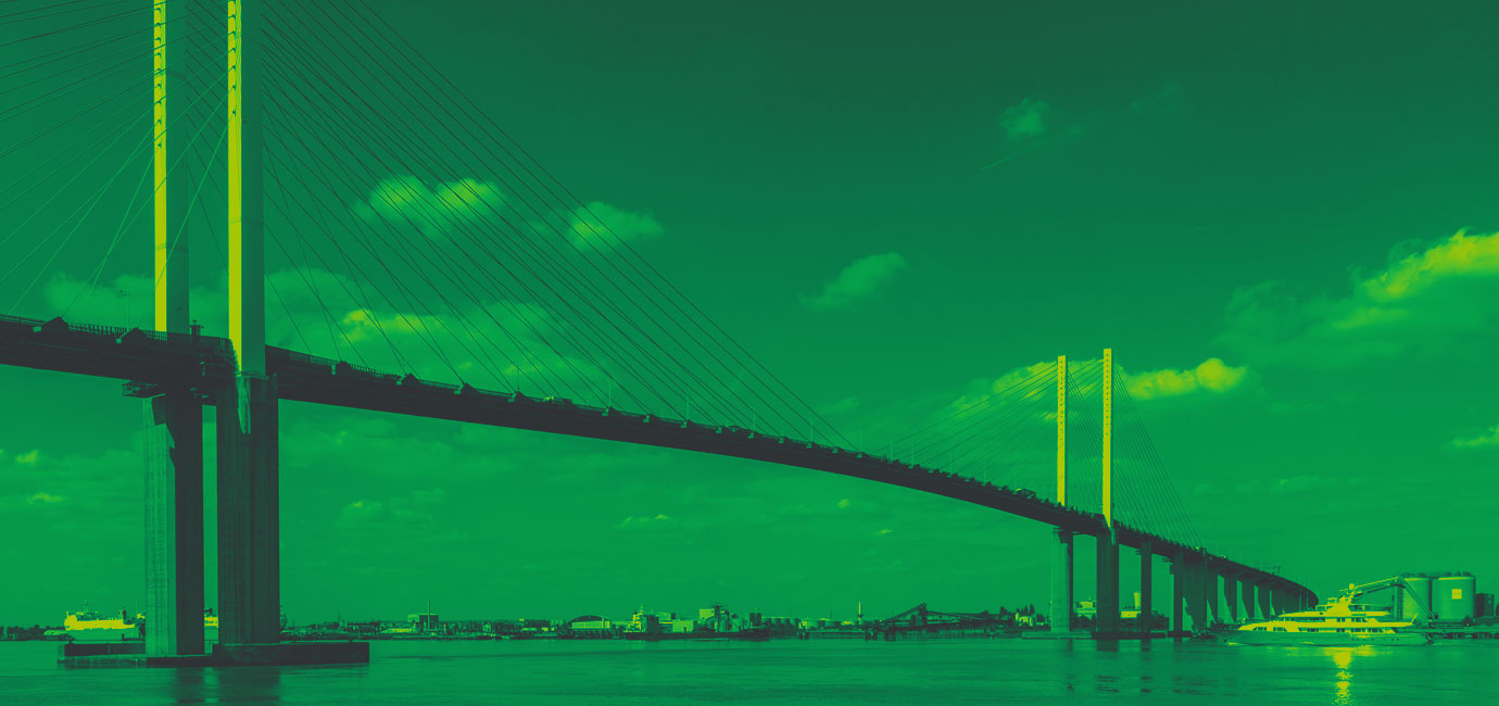 A side view of the QE2 bridge. Image has a green overlay.