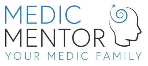 Blue and black Medic Mentor logo on a white background.