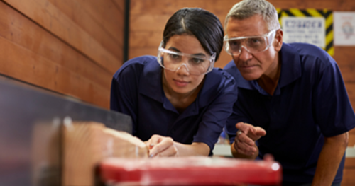 Male and female doing wood work
