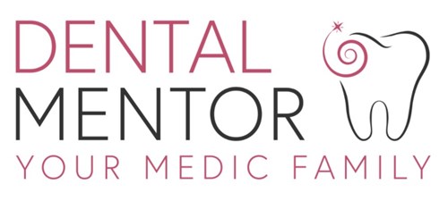 Red and black Dental Mentor logo on a white background.