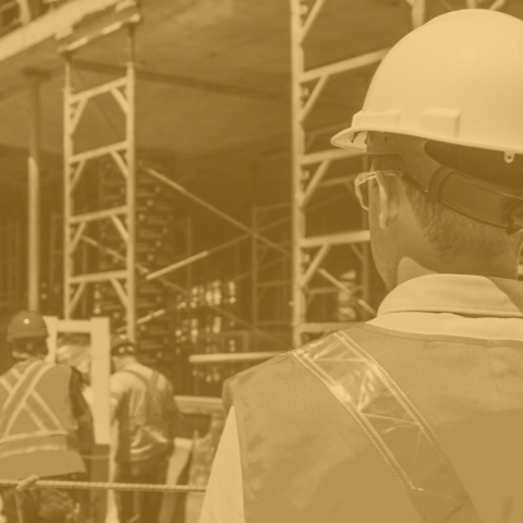 Construction worker with their back to the camera looking at a building site. Image has a yellow tint.