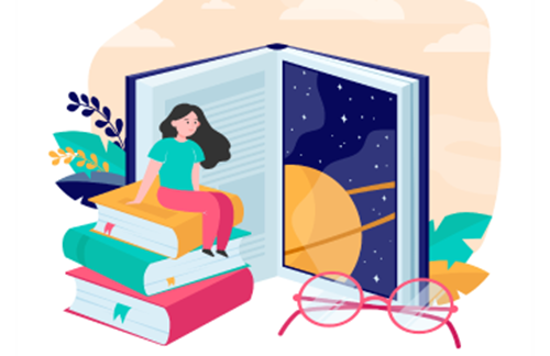 Illustration of a girl sitting on books while reading.