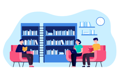Illustration of three people reading in a library