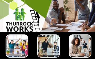 Thurrock Works logo on an image of three people talking.