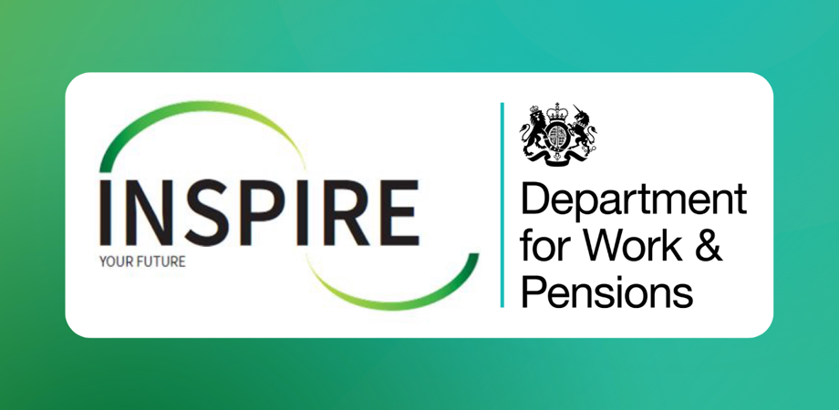 Inspire Hub and DWP logos on a multicoloured background
