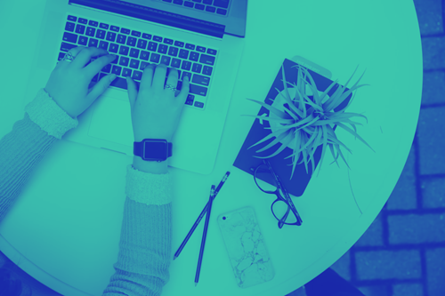 Person typing on a laptop with plant beside her with a blue tint