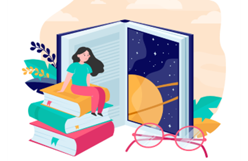Illustration of a girl sitting on books while reading