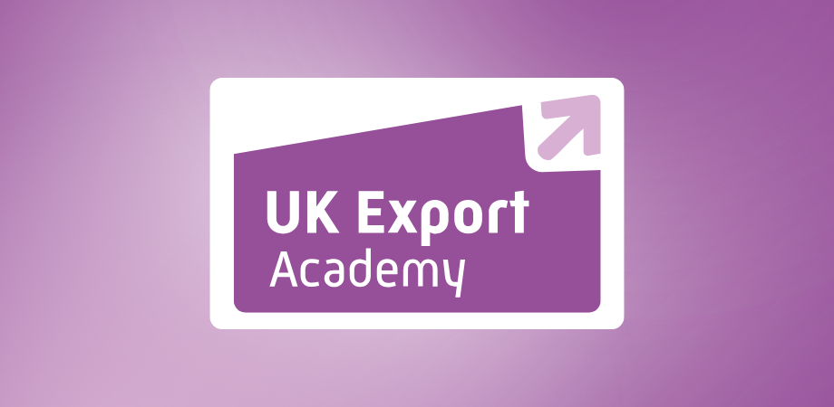 The words UK Export Academy written in white on a dark purple background with a light purple arrow in the top right corner.