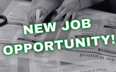 Person circling job adverts in a newspaper with the words "new job opportunity" over the top.