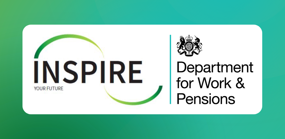 Inspire Hub and DWP logos on a multicoloured background