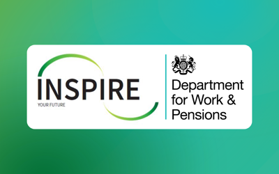 Inspire Hub and DWP logos on a multicoloured background