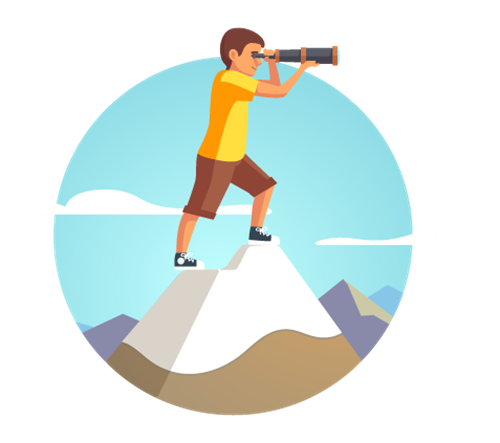 Illustration of a boy standing on a mountain top and looking through spyglass.