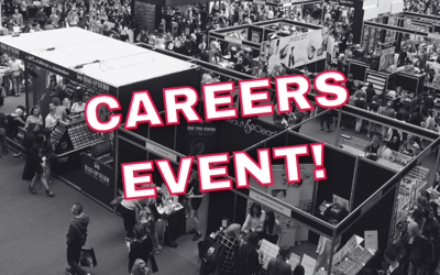 Black and white image of a business exhibition with the words 'Careers Event' over the top.