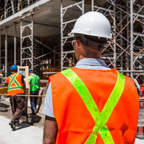A construction worker with their back to the camera.